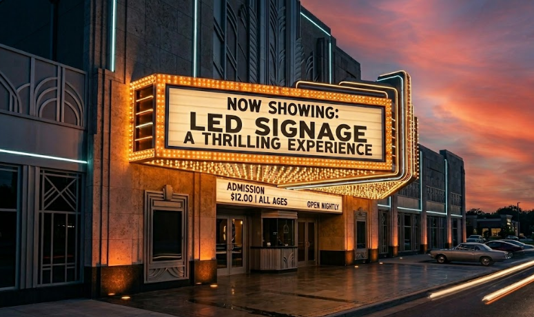 Classic vintage movie theater marquee at night — historic sign restoration for Portland metro