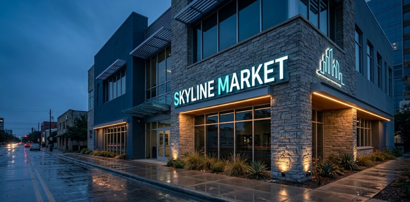 Modern Dallas commercial property at dusk with illuminated LED channel letter signage