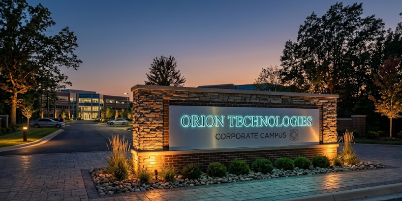 Brick and stone monument sign at corporate office park entrance at dusk