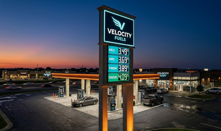 Highway gas station with prominent illuminated pylon sign at twilight