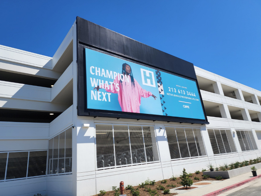 LED display signage installation at Hollywood Park entertainment complex in Inglewood, California