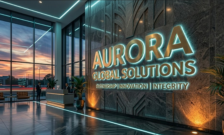 Modern corporate office lobby with premium brushed brass dimensional wall letters