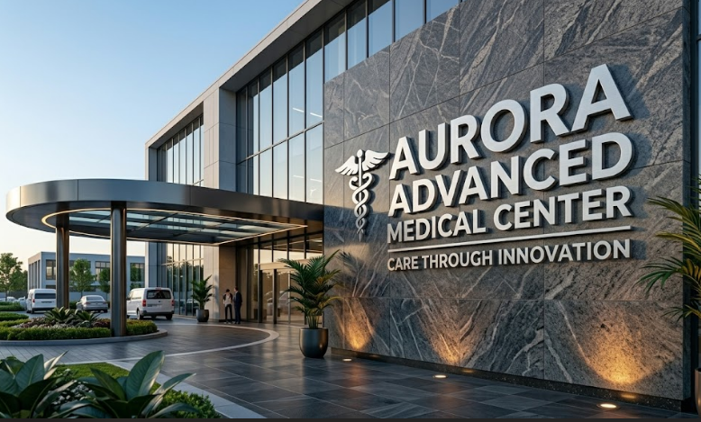 Modern medical building exterior with large dimensional aluminum wall letters on stone facade