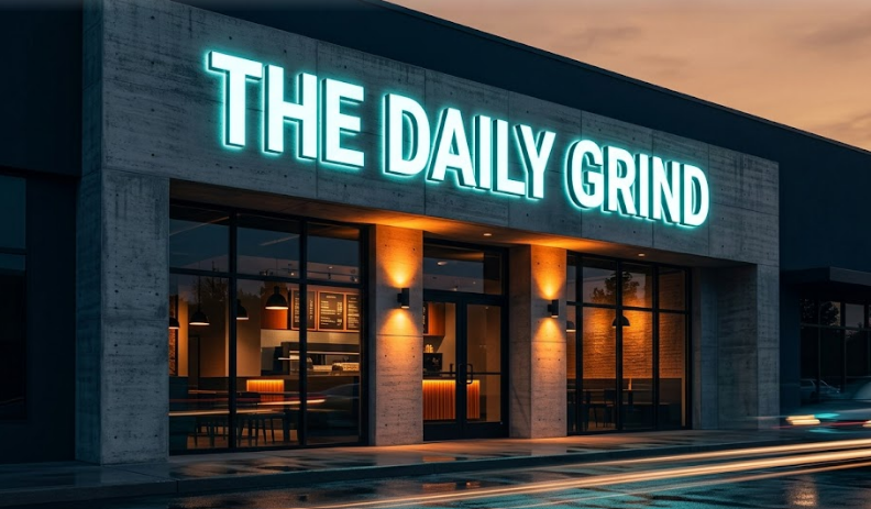 Modern restaurant storefront with illuminated channel letter signs at dusk