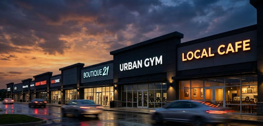 Multi-tenant retail strip mall with custom channel letter signs at twilight