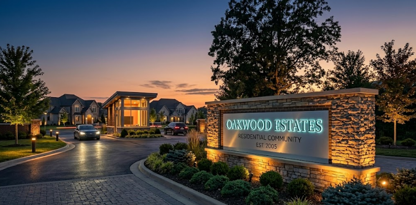 Residential community entrance with illuminated stone monument sign — commercial signage for Denver metro