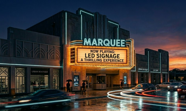 Restored historic theater marquee at night on an urban street