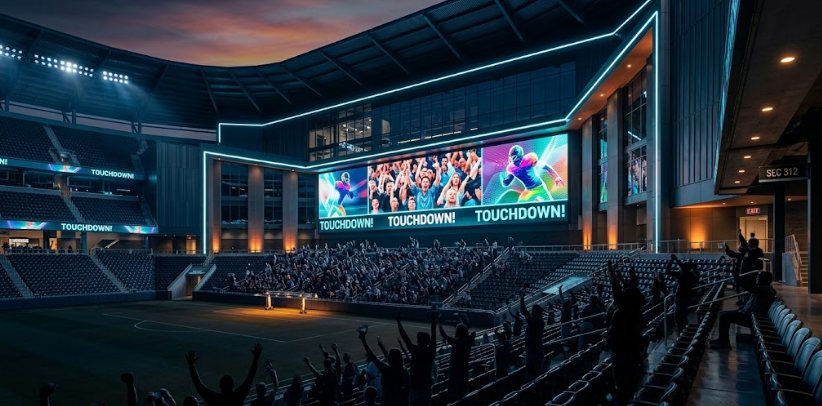 Stadium interior at night with massive end-zone LED video display