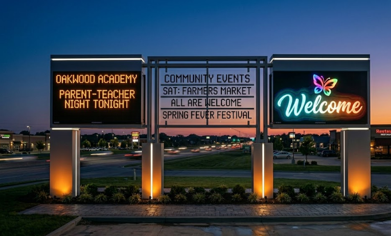 Three LED message center types side by side — single-color, tri-color, and full-color RGB
