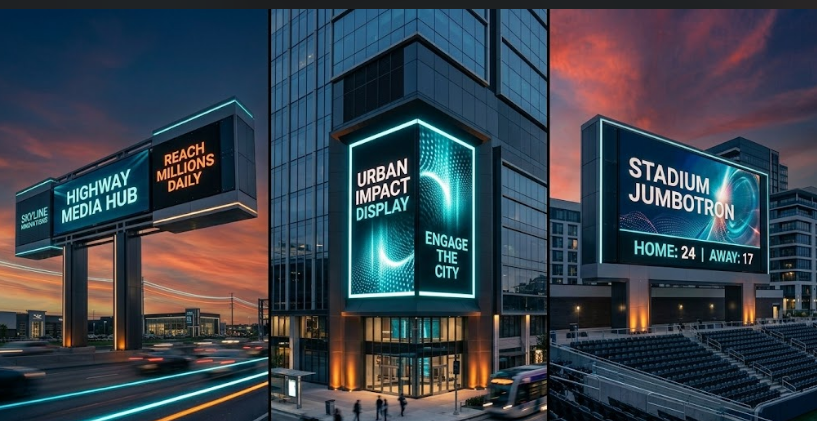 Three digital billboard formats — highway, urban, and stadium scoreboard — for Chicagoland businesses