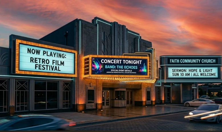 Three marquee sign types side by side — traditional, LED-converted, and combination