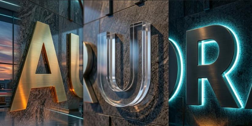Three wall sign styles side by side mounted — flat-cut, dimensional, and halo-lit