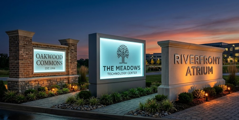 Three monument sign styles side by side — brick, aluminum cabinet, and cast stone