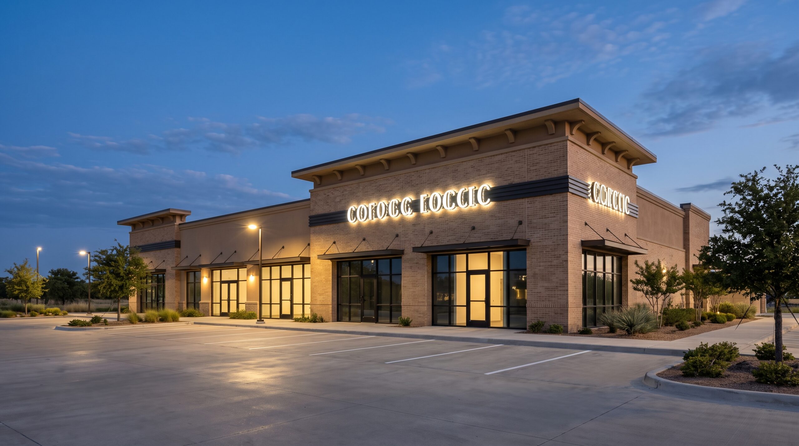 Illuminated channel letter storefront signage at dusk on an Arlington Texas commercial retail building