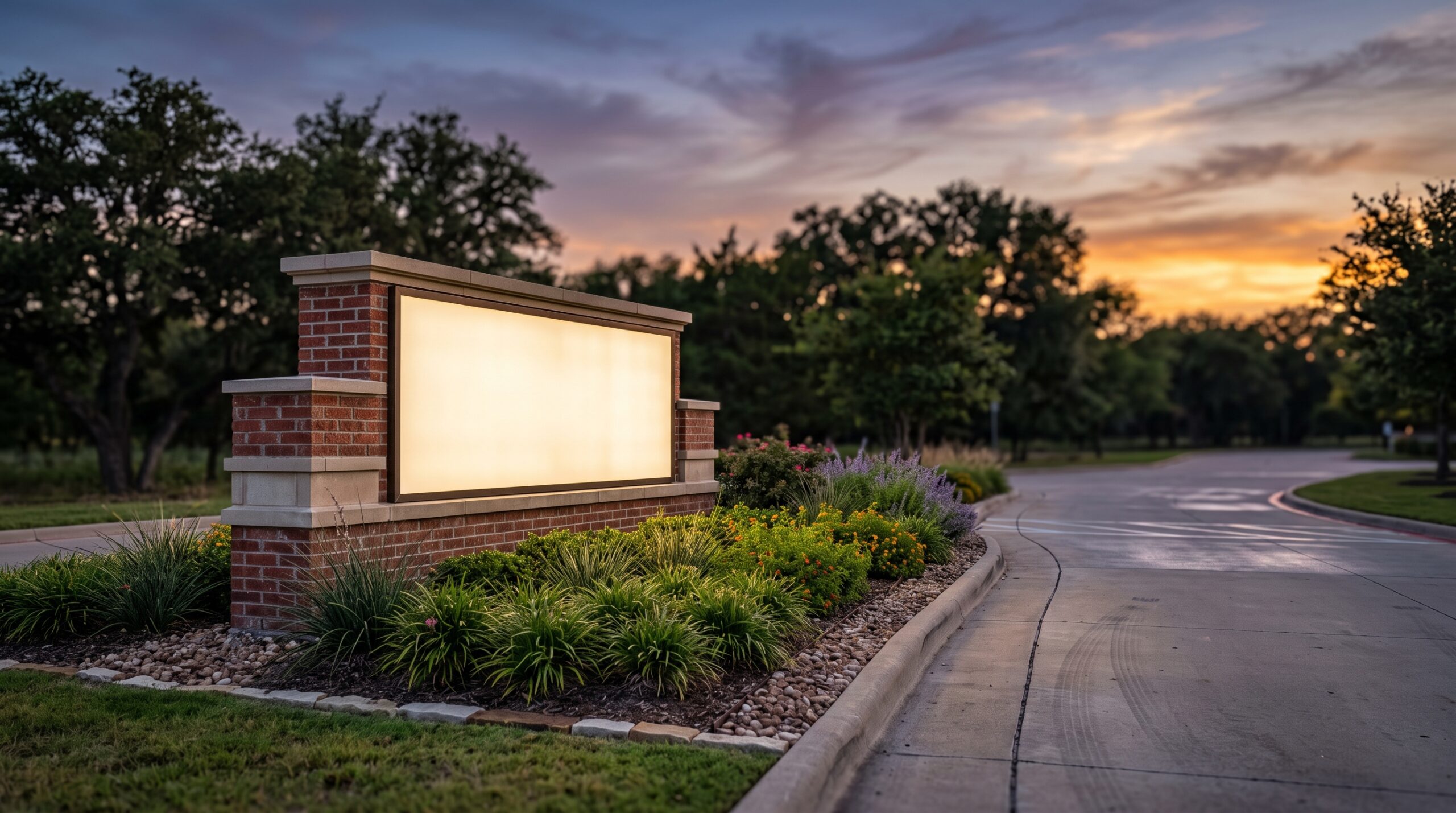 Low brick and cast stone monument sign with illuminated face at a Texas commercial property entrance