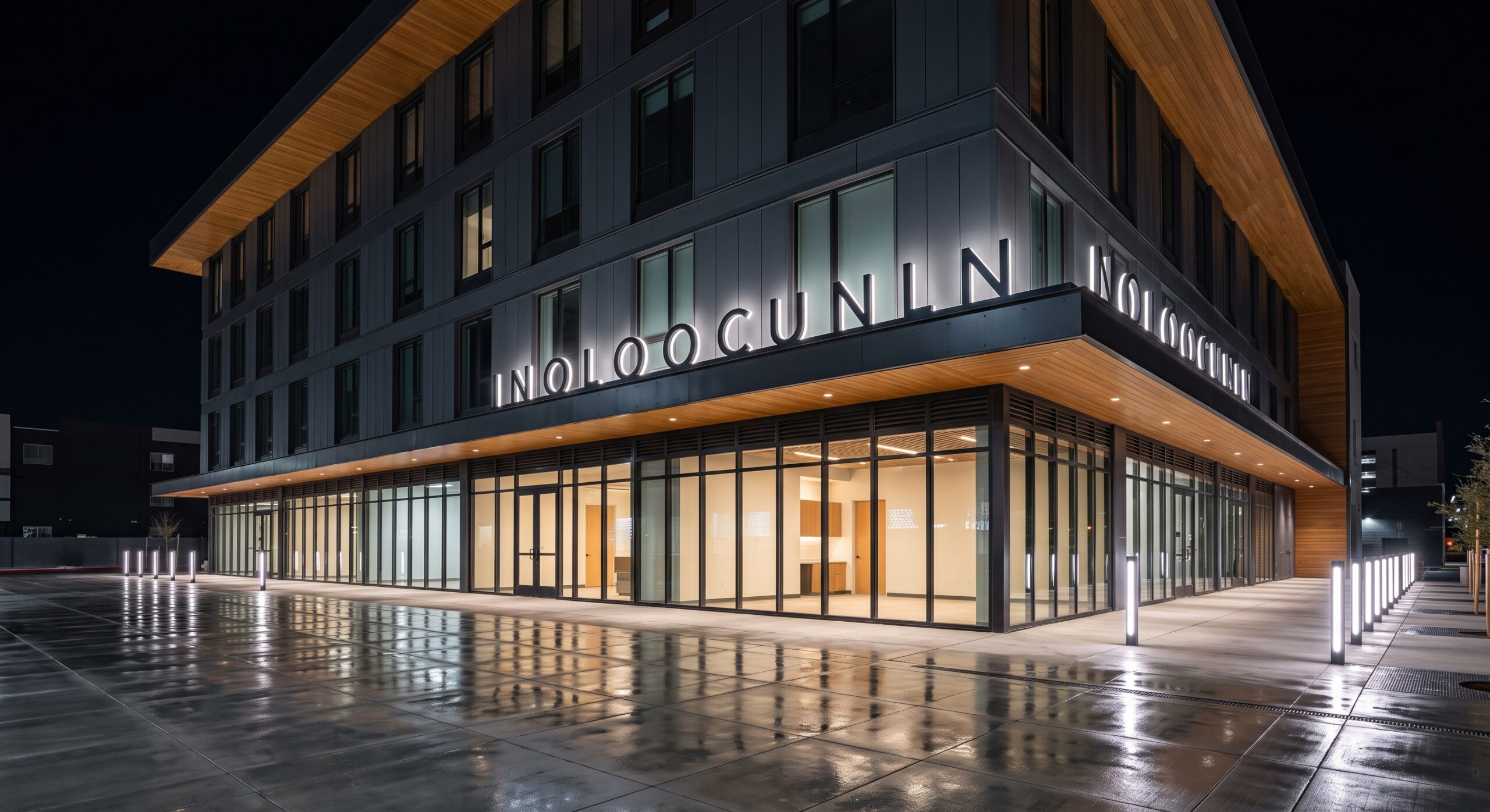 Halo-lit channel letters glowing on a dark metal panel facade of a modern transit-oriented mixed-use building at night in Carrollton, Texas