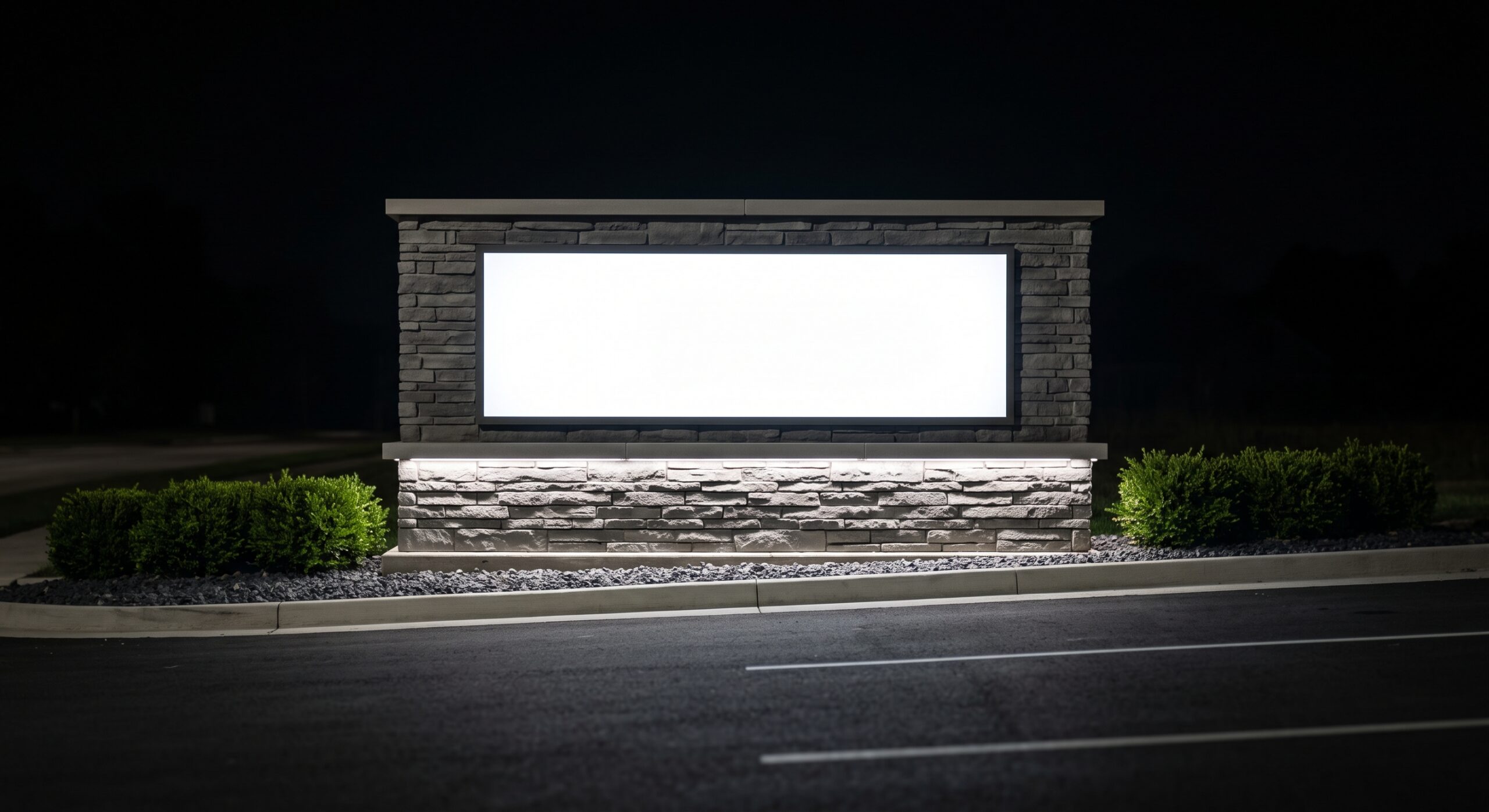 Low six-foot masonry monument sign with an illuminated push-through panel at a Texas commercial property entrance at night