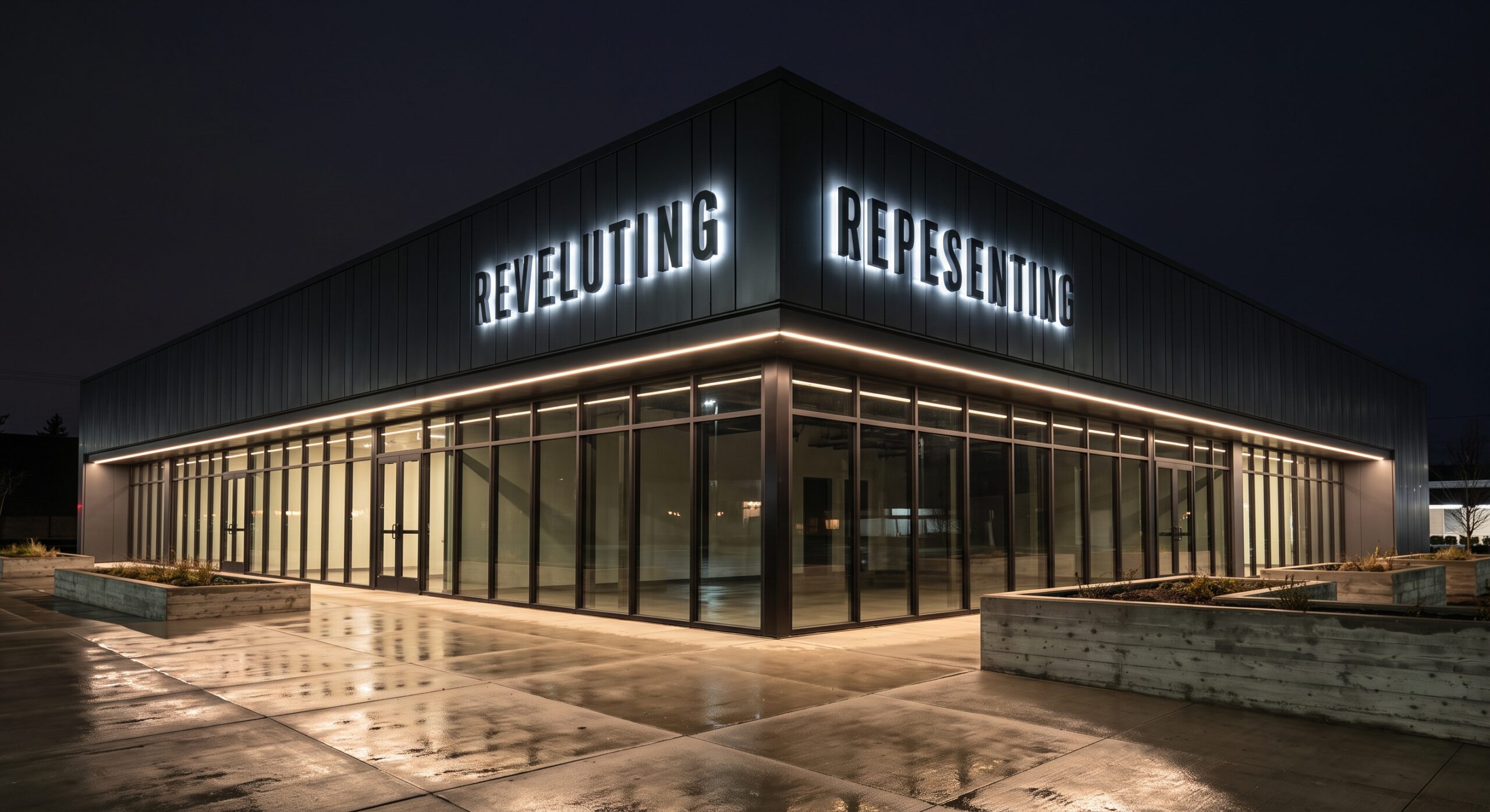 Halo-lit reverse channel letters glowing on a dark charcoal metal panel facade at night in Denton, Texas