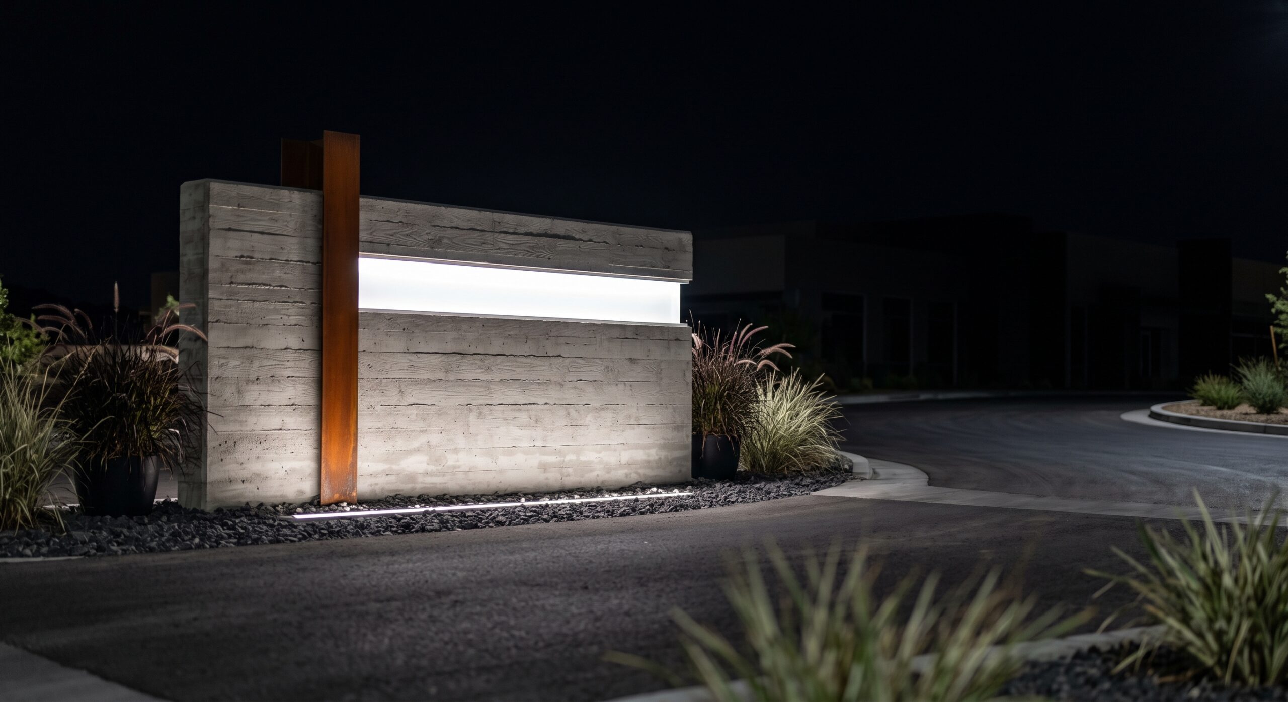 Modern board-formed concrete monument sign with an illuminated push-through acrylic panel at a Denton, Texas campus entrance