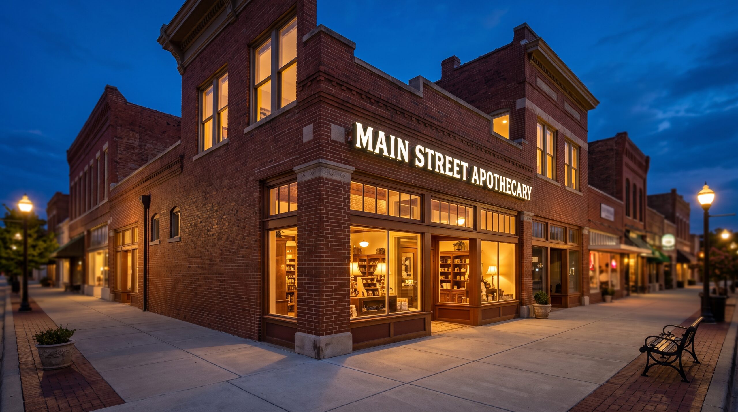 Illuminated channel letter storefront signage at dusk on a Fort Worth brick commercial building