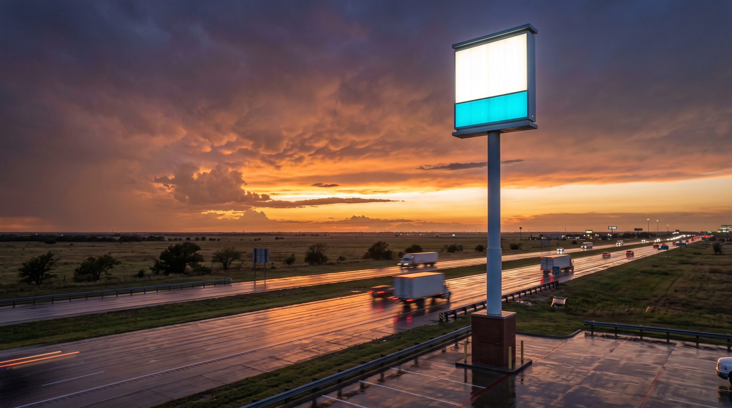 Tall illuminated pylon sign with impact-rated faces beside a North Texas interstate at dusk