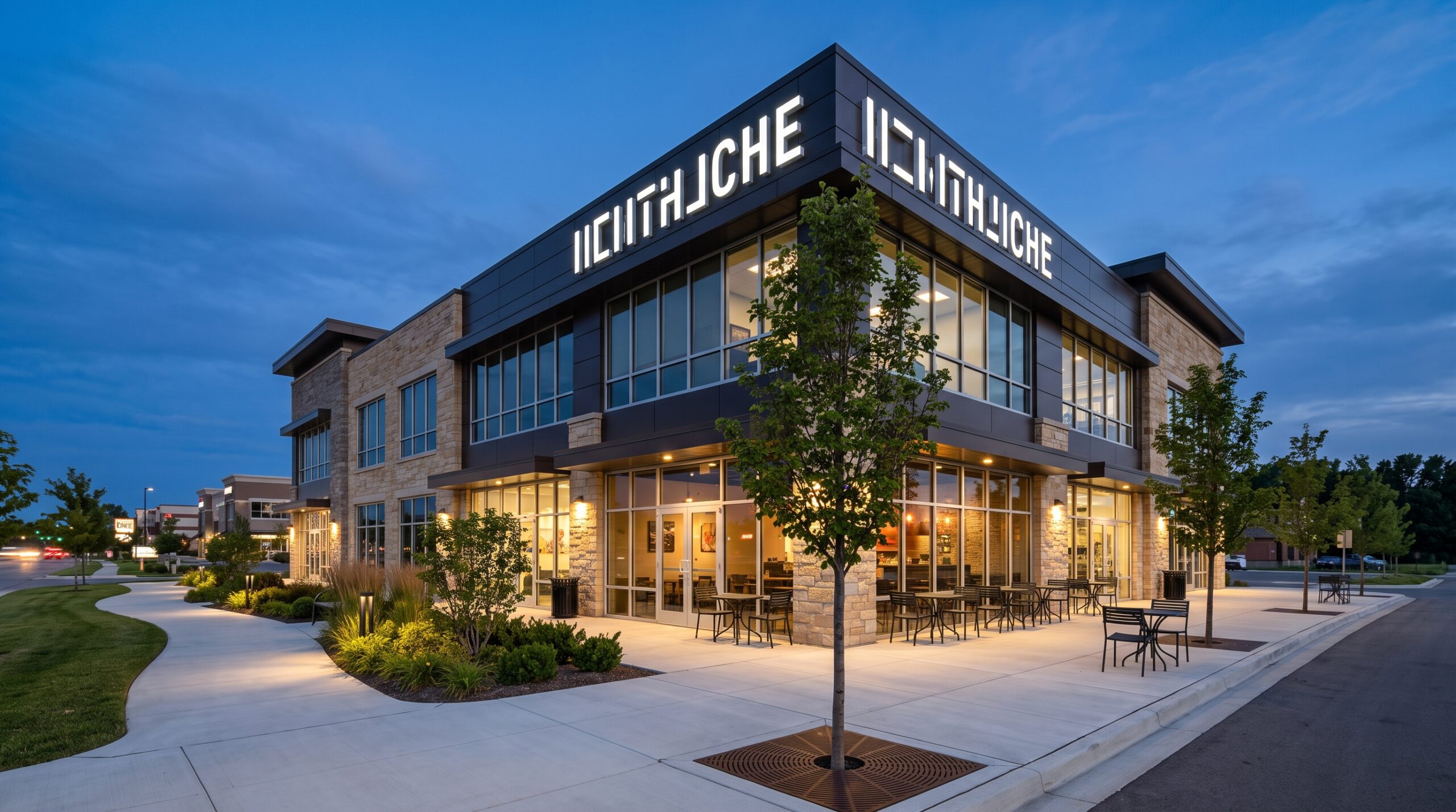 Illuminated channel letter signage on a modern mixed-use retail building at dusk in Frisco Texas