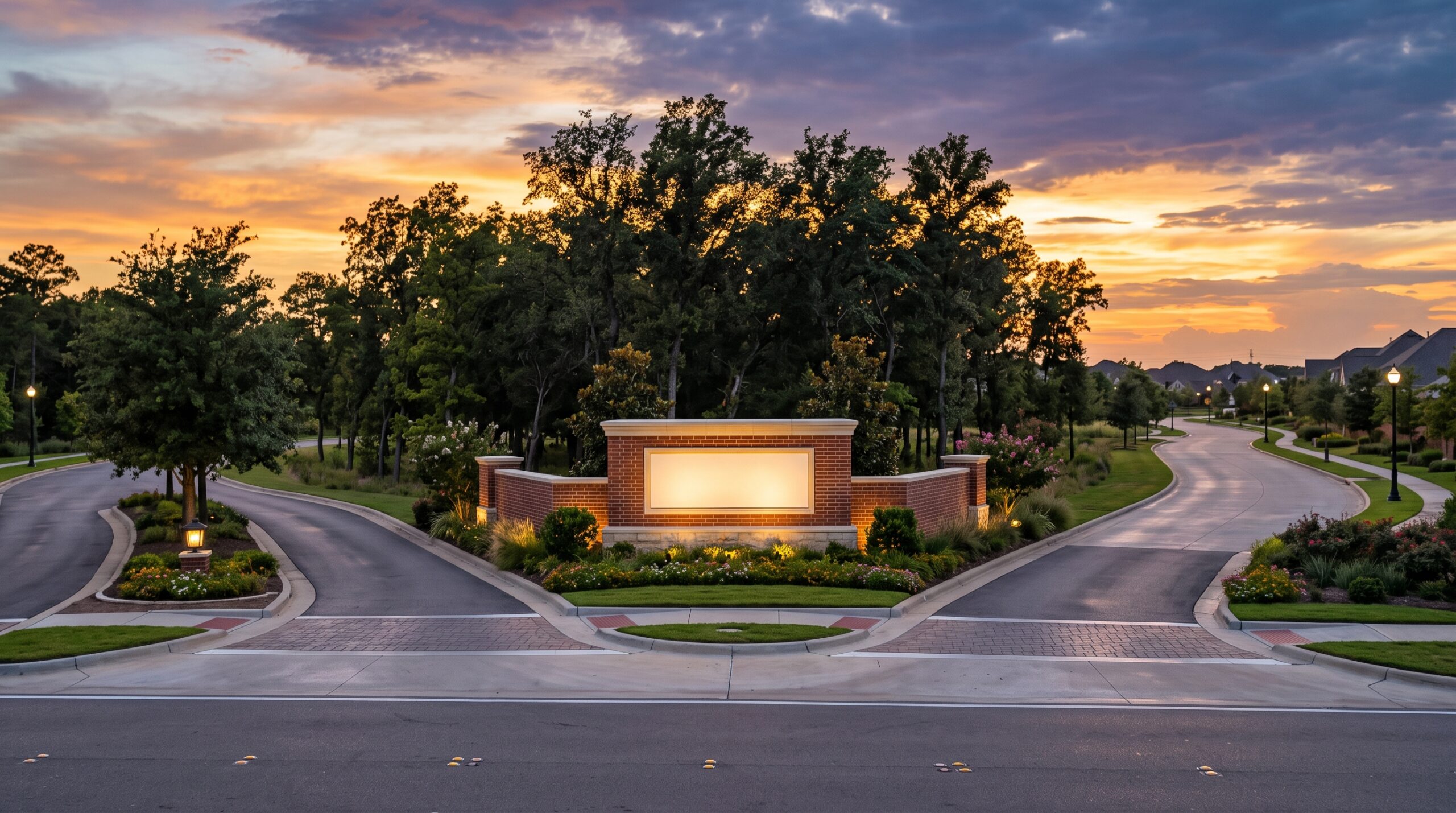 Brick and cast stone community entry monument sign with illuminated panel and landscaping in a Texas master-planned development