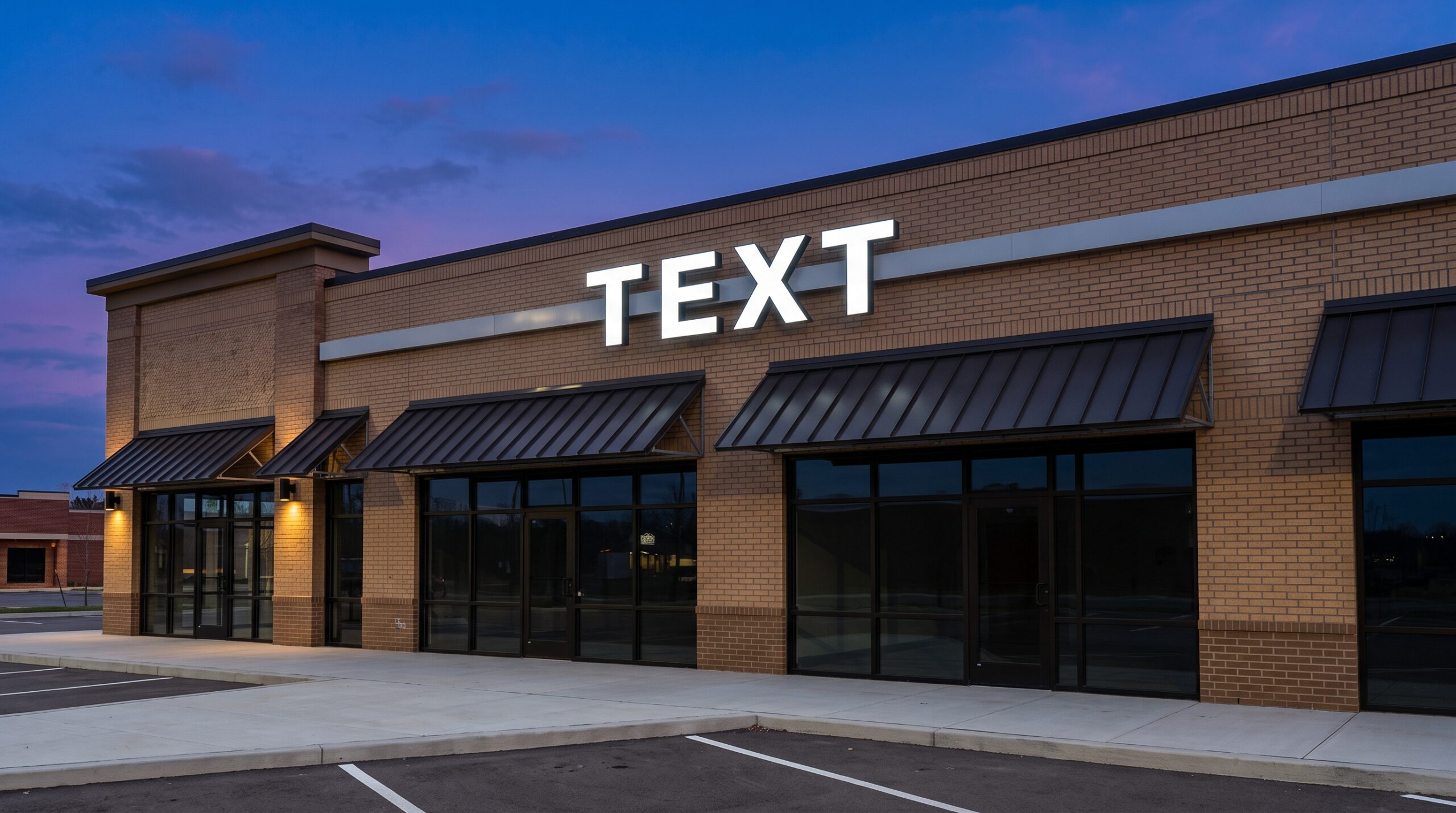 Individual illuminated channel letters mounted on a raceway across a Texas commercial storefront at dusk