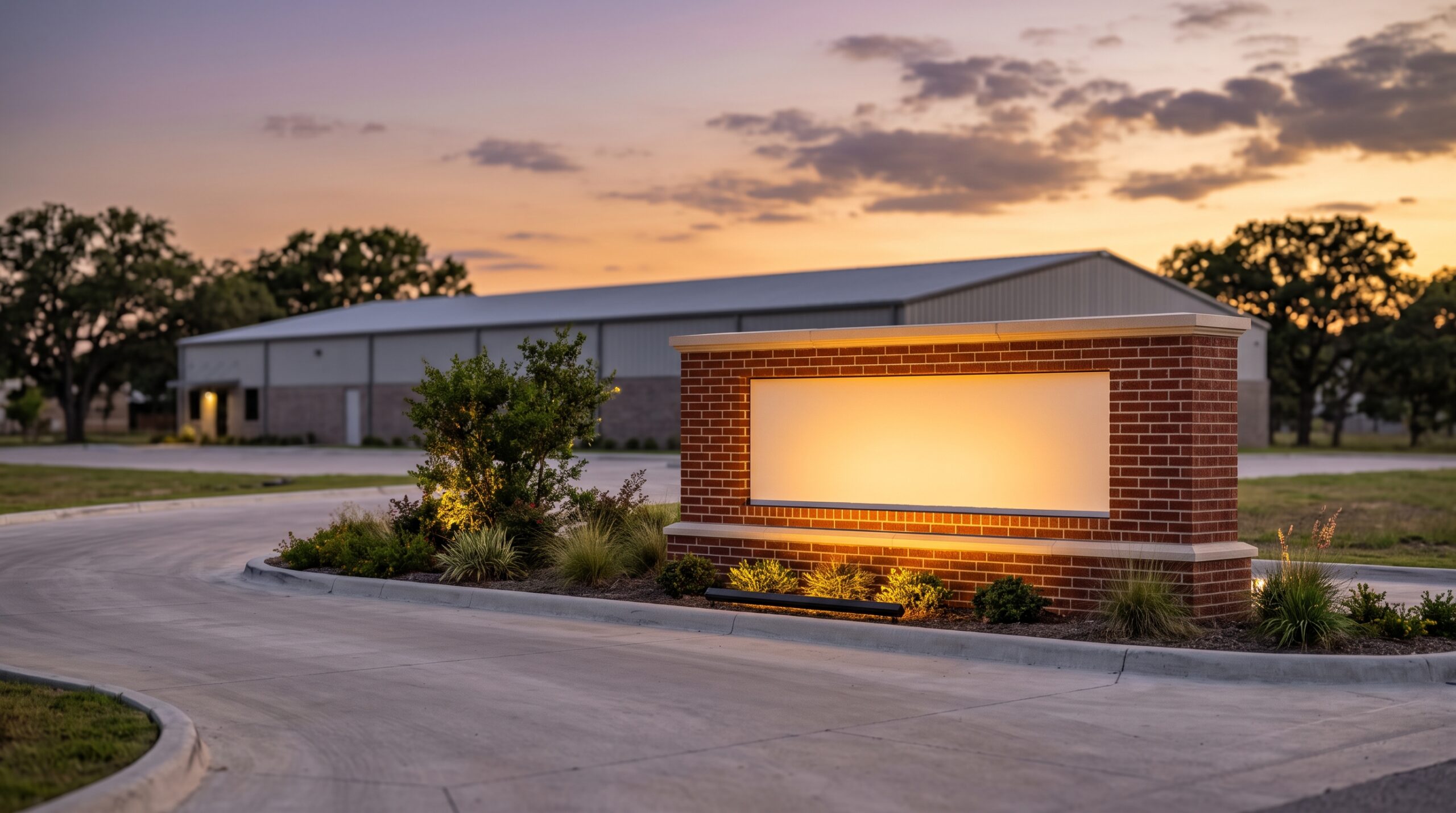 Brick and cast stone monument sign with illuminated panel at a Texas commercial and industrial property entrance