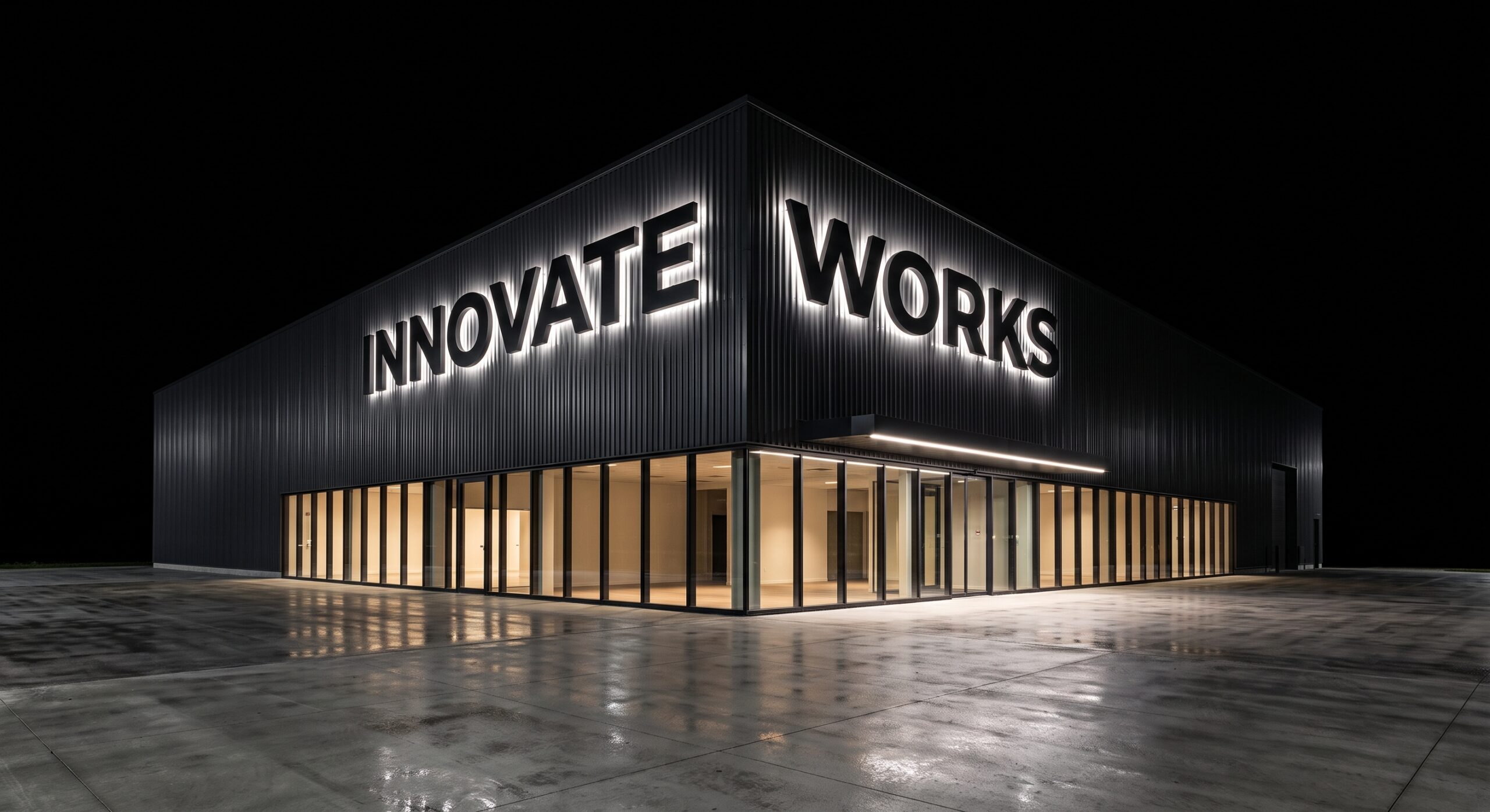 Halo-lit channel letters glowing on a dark metal panel facade of a modern industrial building at night in Grand Prairie, Texas