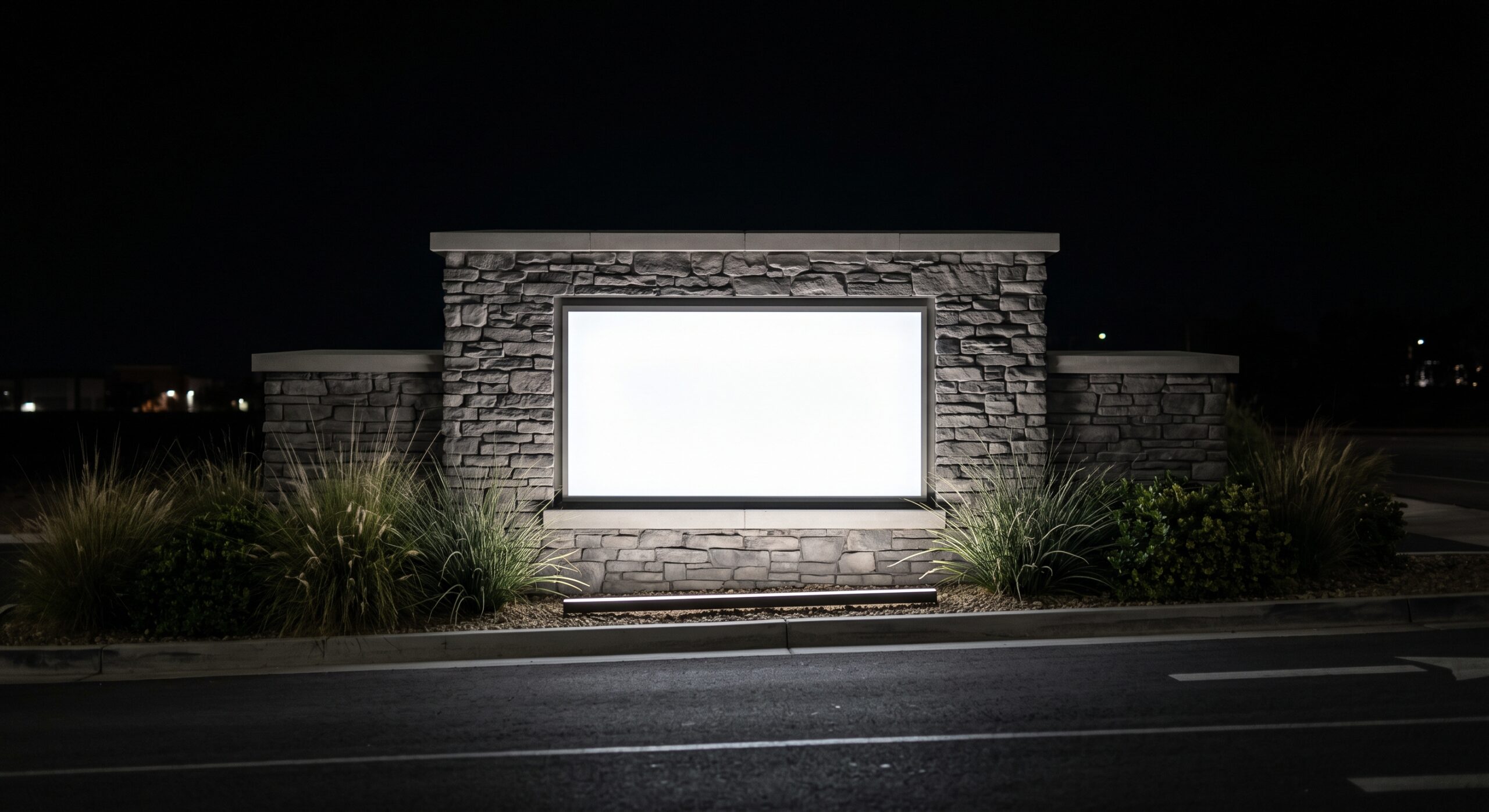 Modern masonry-clad monument sign with an illuminated push-through panel and landscaped base at night in Grand Prairie, Texas