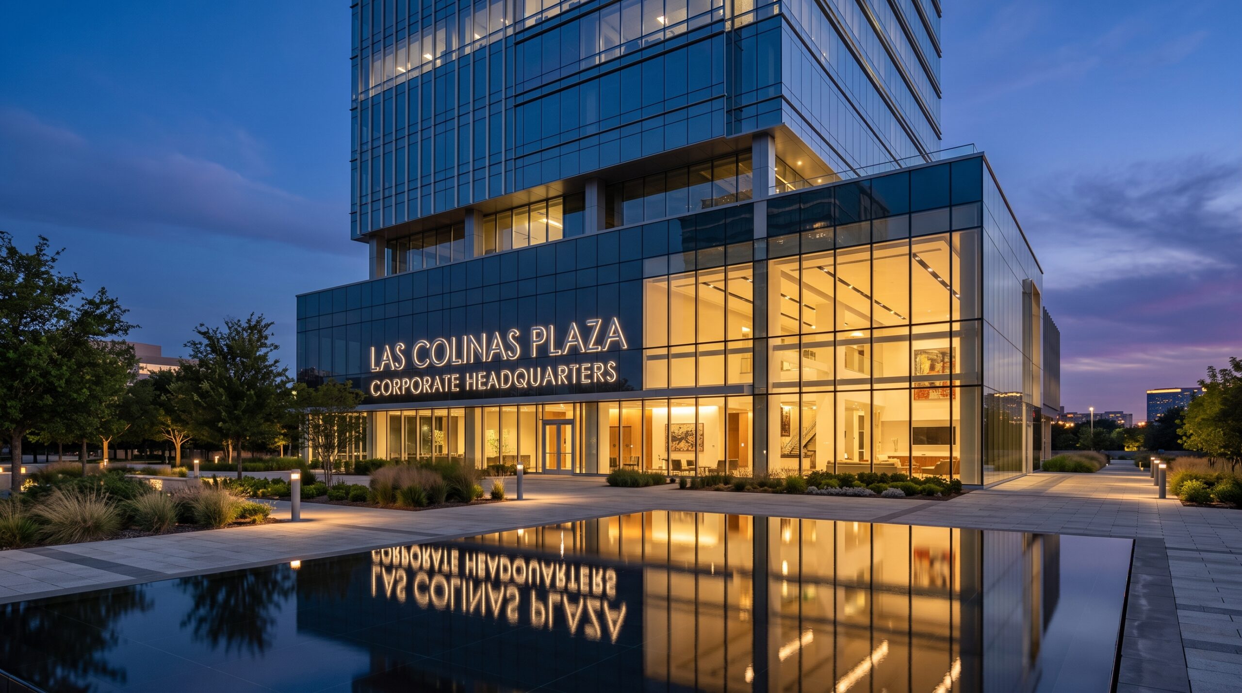 Illuminated dimensional letter signage on a glass corporate tower at dusk in the Las Colinas district of Irving Texas