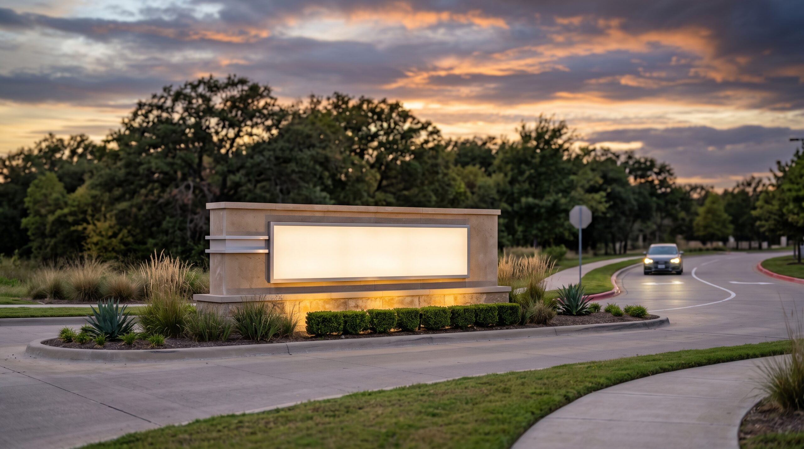 Low cast stone monument sign with illuminated panel and landscape uplighting at a Texas corporate campus entrance
