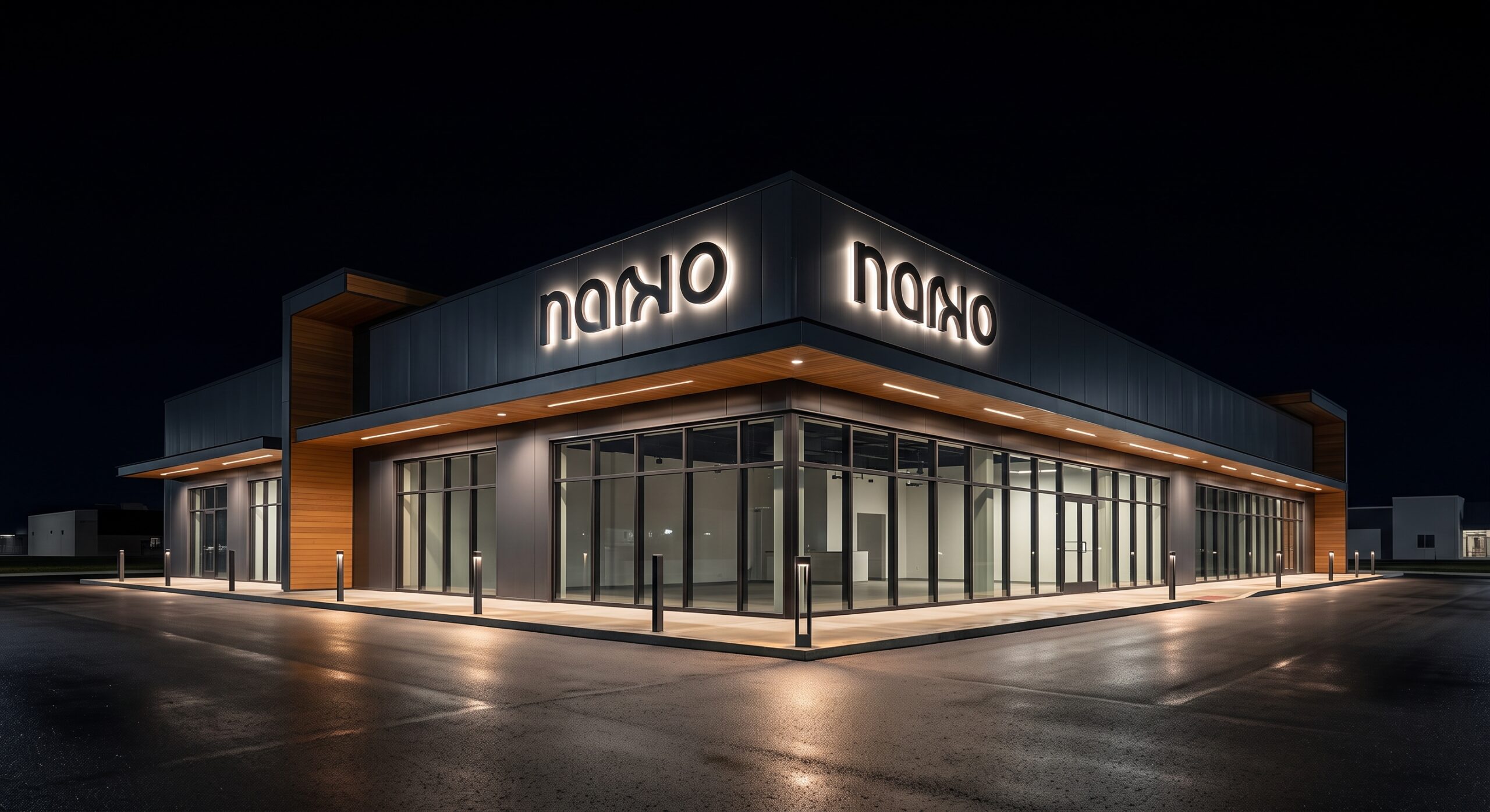 Halo-lit channel letters glowing on a dark metal panel storefront facade at night along a Lewisville, Texas commercial corridor