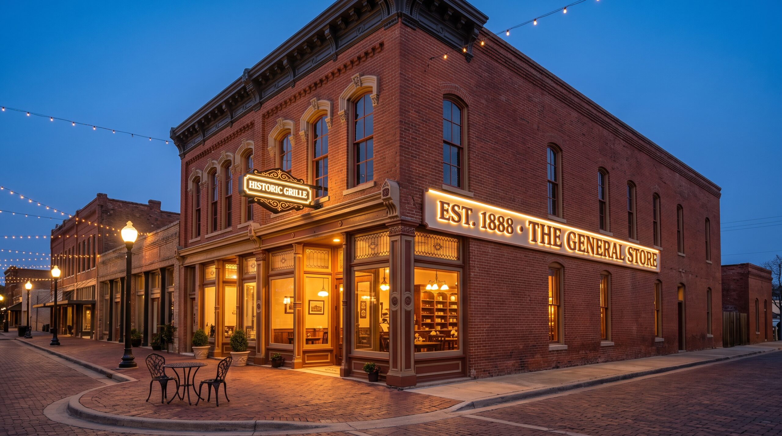 Illuminated storefront signage on a historic brick building at dusk in a Texas downtown square district