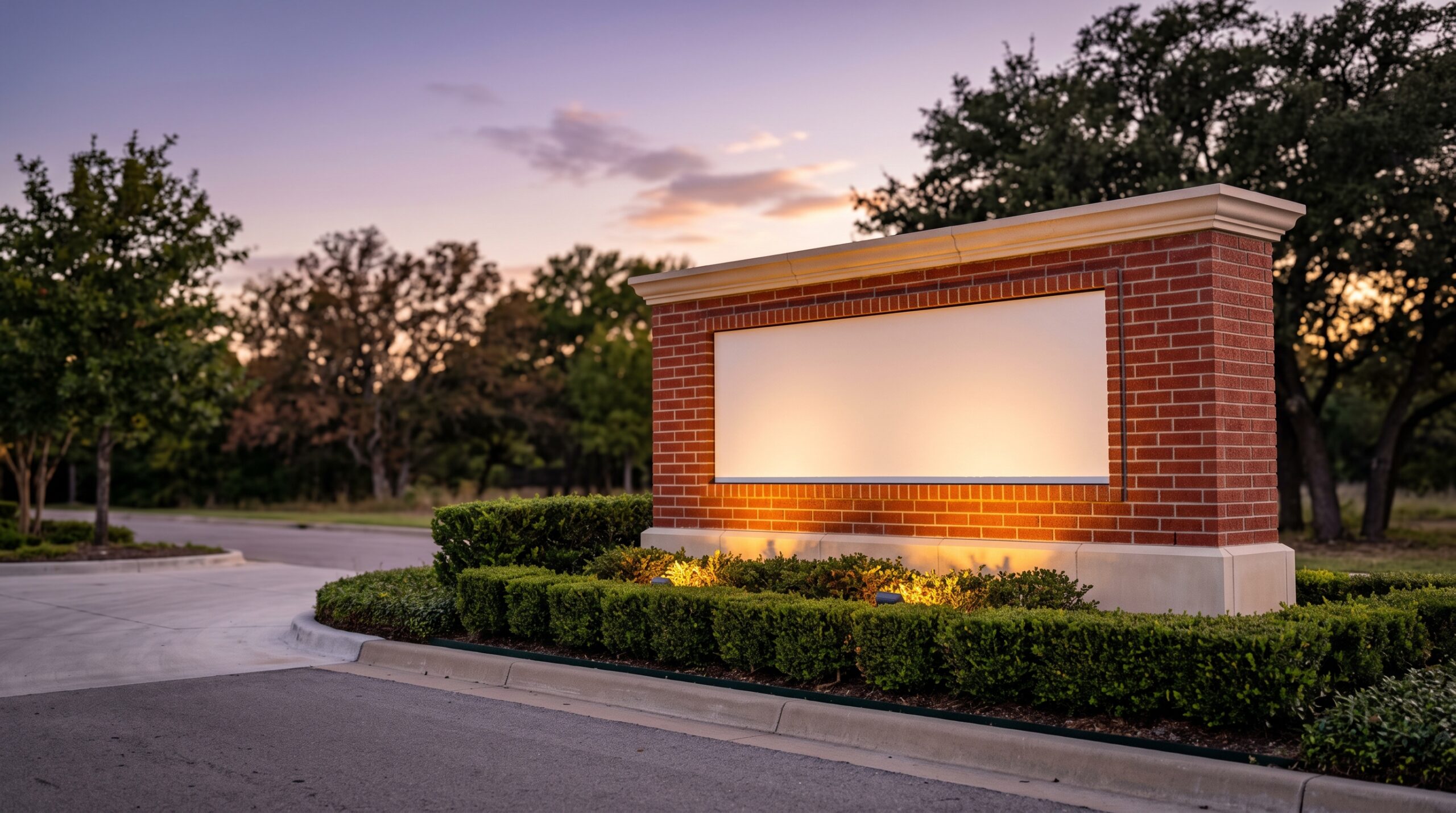 Eight foot brick and cast stone monument sign with illuminated panel at a Texas commercial property entrance