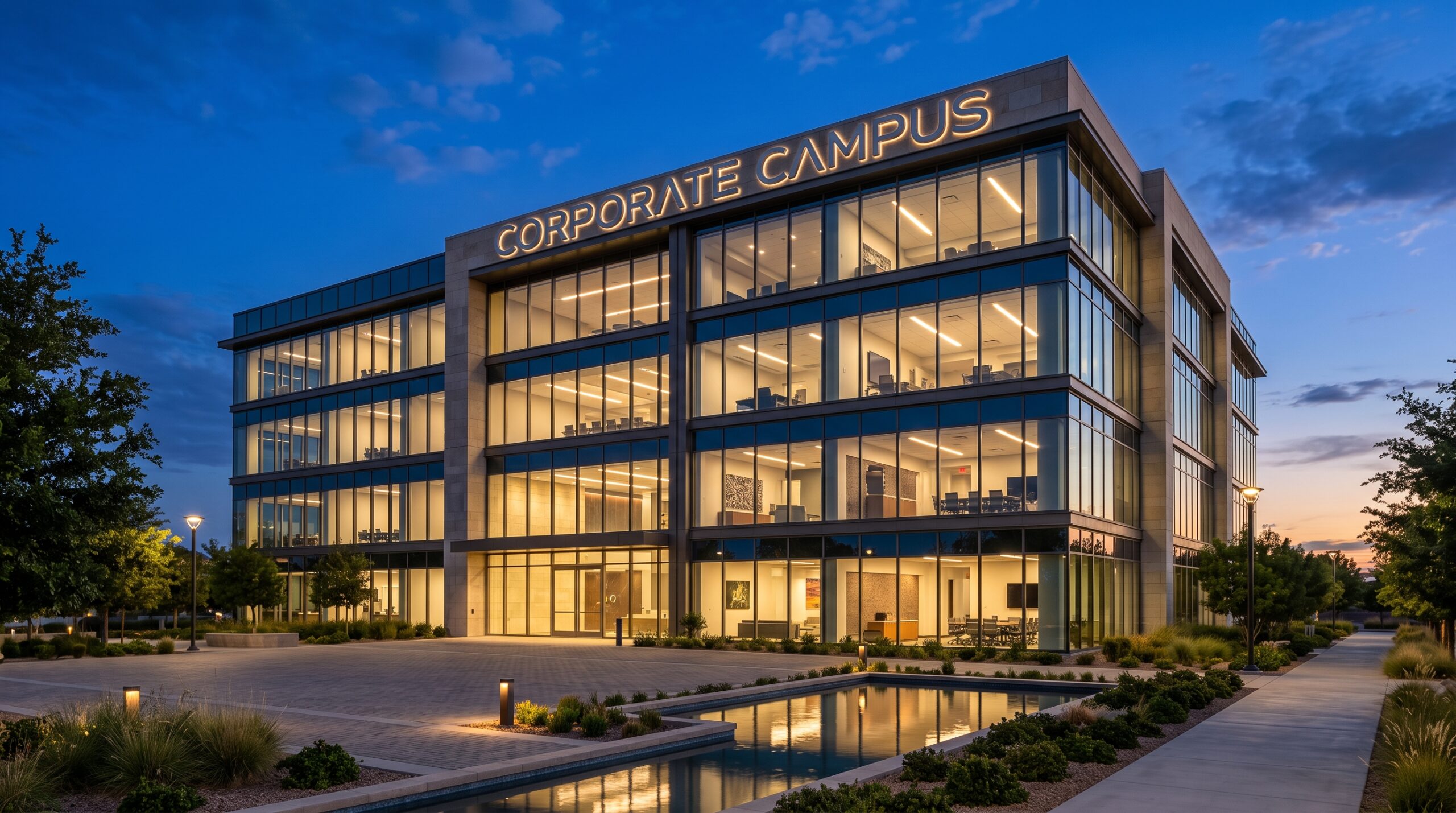 Illuminated dimensional letter signage on a modern corporate office building facade at dusk in Plano Texas