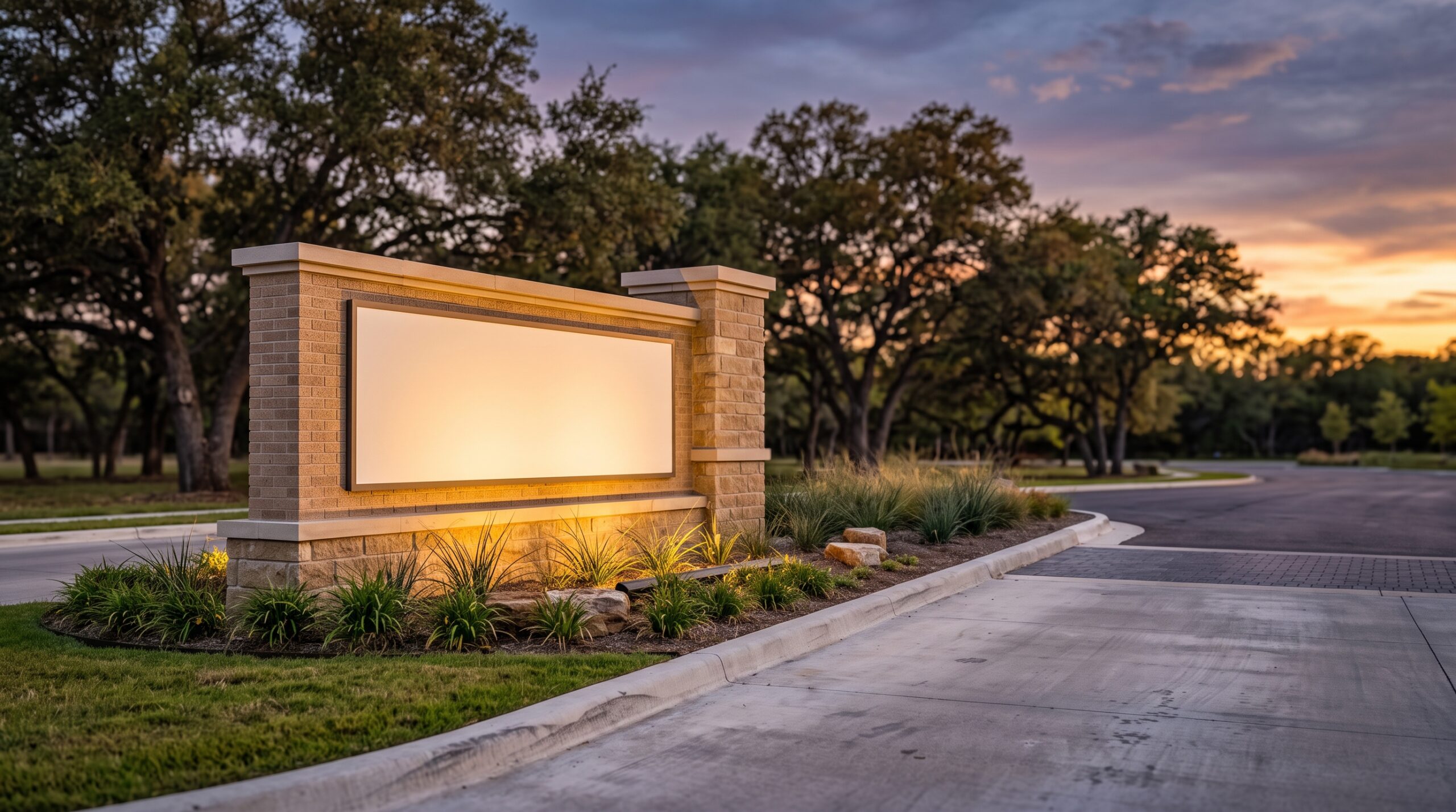 Brick and cast stone corporate entry monument sign with illuminated face and landscaping at a Texas office campus