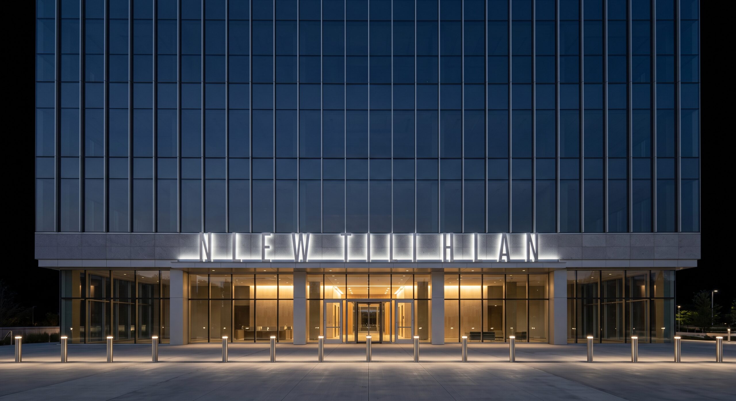Halo-lit dimensional letters glowing on a dark glass and metal corporate tower facade at night in Richardson, Texas