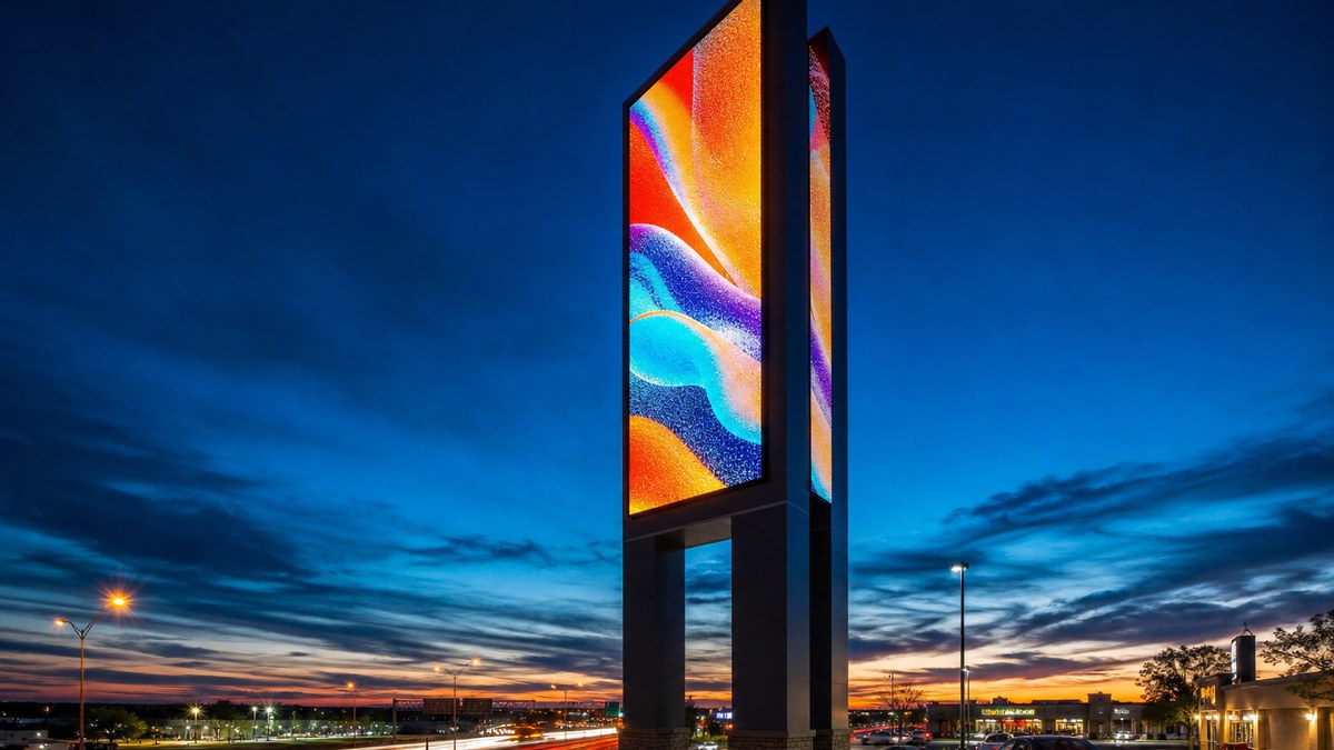 Tall pylon sign with programmable LED display beside a highway frontage road at twilight