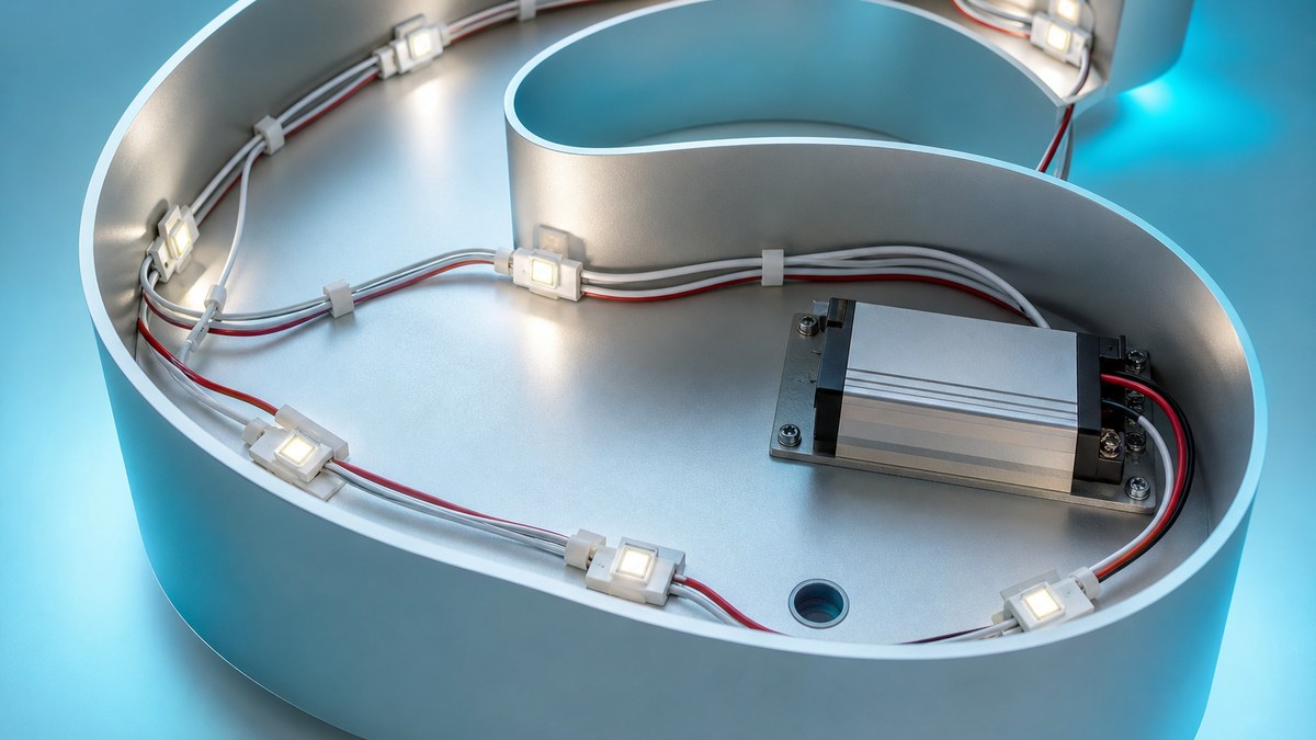 Inside of an LED channel letter showing LED modules, wiring, and a power supply during a sign maintenance inspection