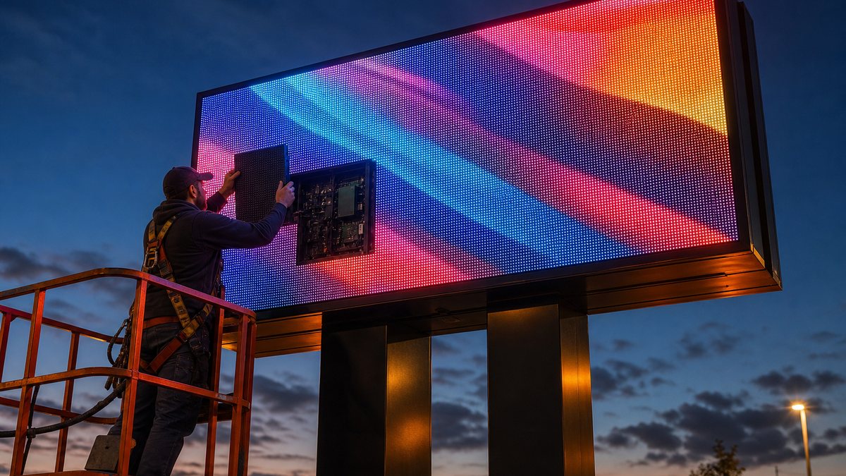 Outdoor LED message center on a pylon sign being serviced by a technician replacing a display module