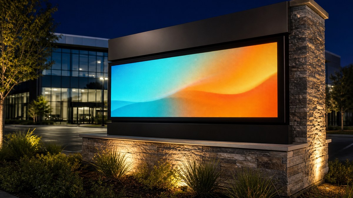Monument sign with programmable LED message center in front of a commercial building at night