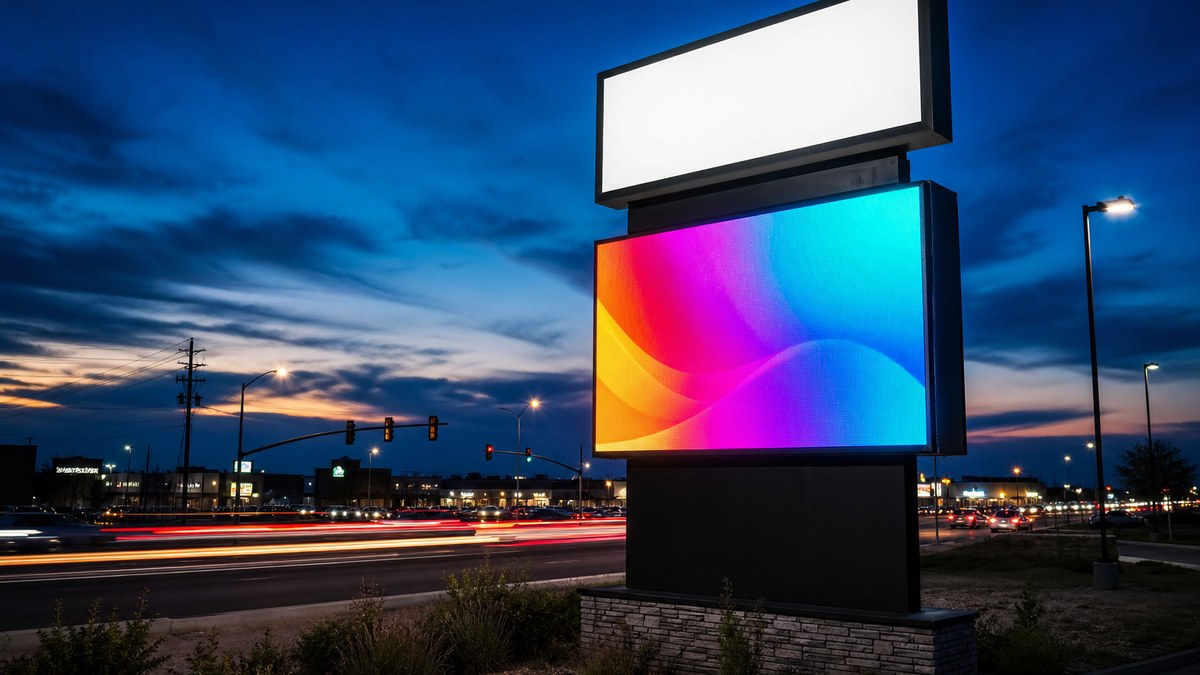 Programmable LED sign with full-color digital message center on a roadside pylon at dusk