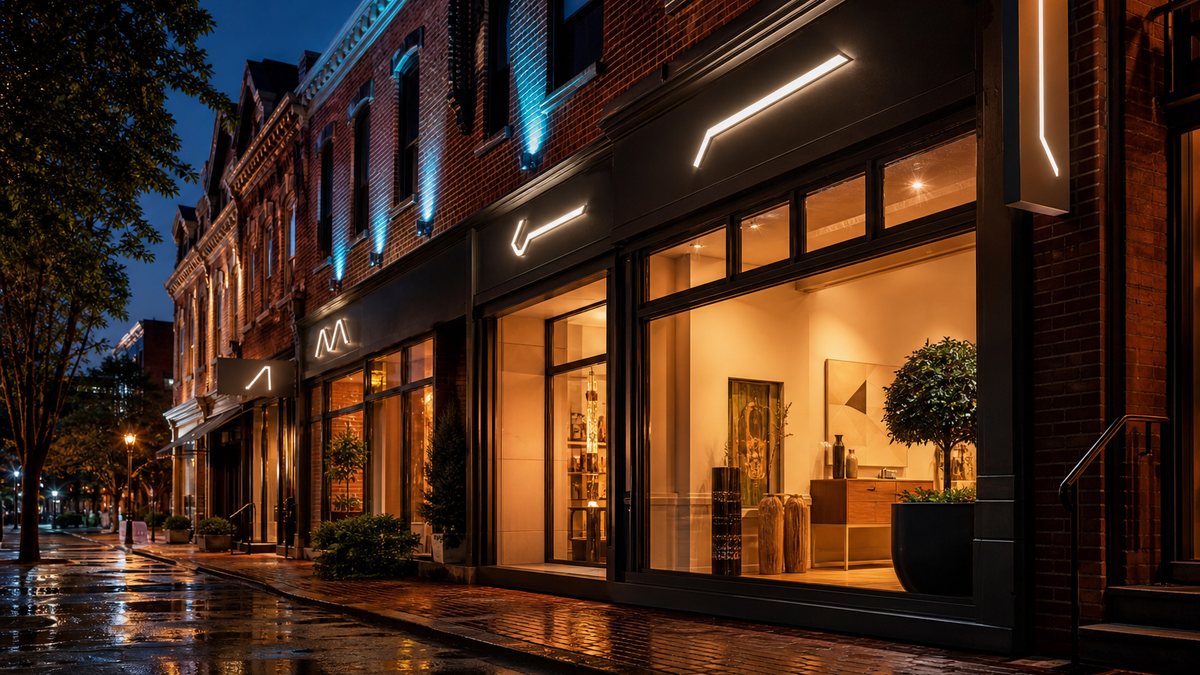Illuminated business signs on a Philadelphia brick storefront at dusk