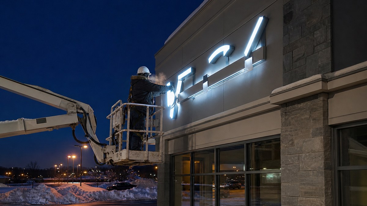 Sign technician installing raceway mounted LED channel letters in winter on a Massachusetts storefront