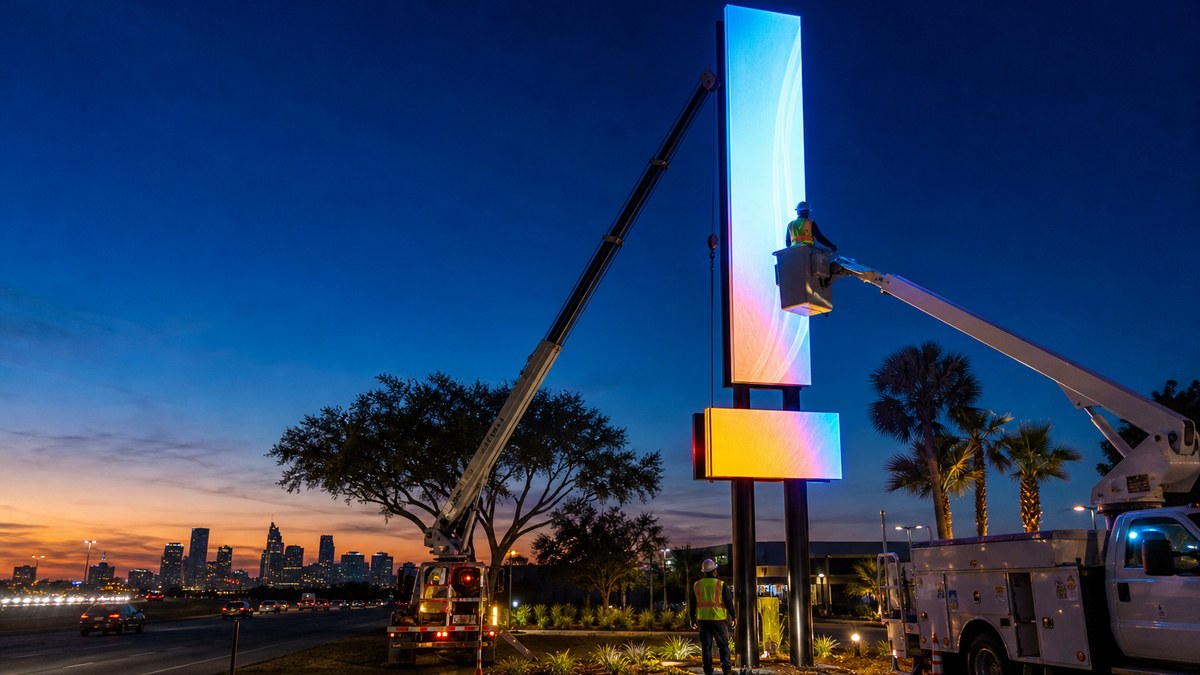 Commercial LED sign installation in Houston TX with crane crew setting an illuminated pylon sign at dusk