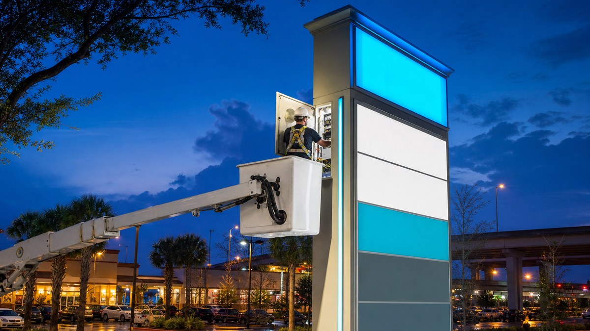 Commercial LED sign repair in Houston TX technician on bucket truck servicing pylon sign at dusk