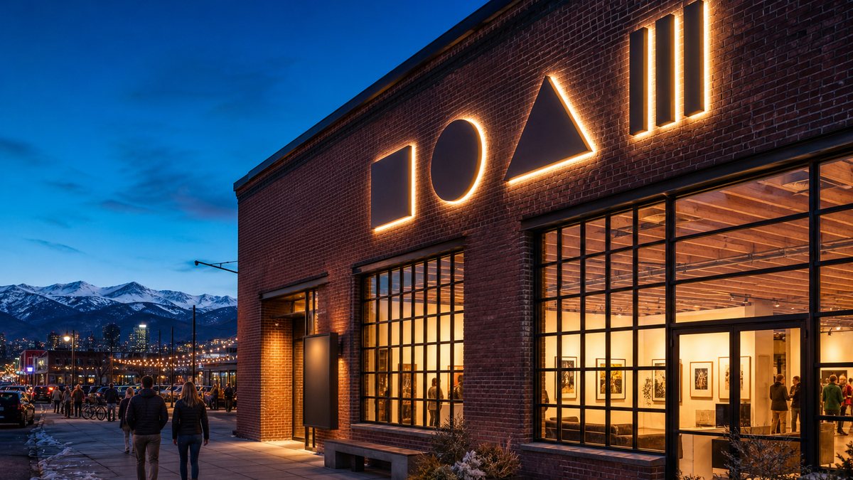 Commercial signage in Denver CO - illuminated LED channel letters on a brick storefront at dusk with mountains behind