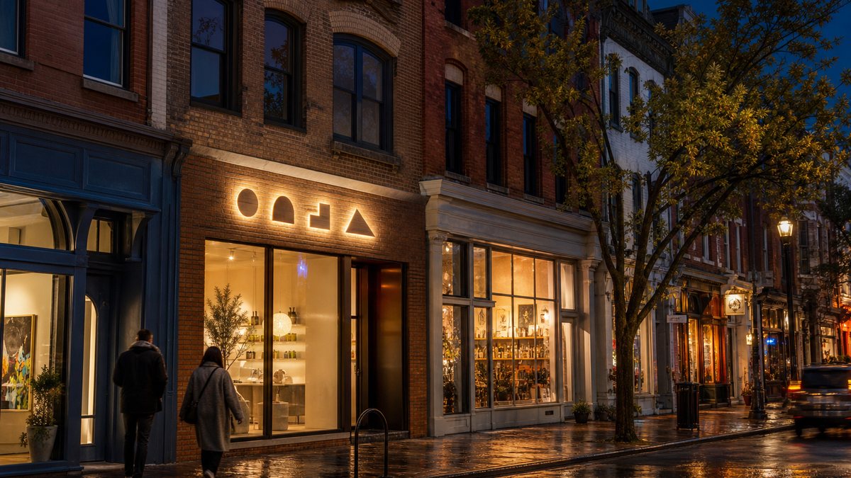 Custom LED signs in Washington DC: halo-lit channel letters on a brick rowhouse storefront at dusk